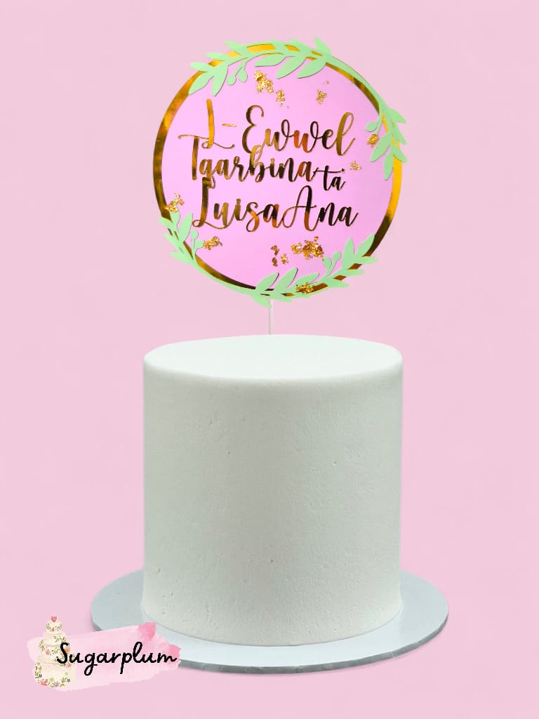 L-Ewwel Tqarbina Round Floral Personalised Cake Topper