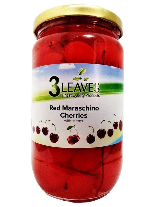 3 Leaves Red Maraschino Cherries with Stem